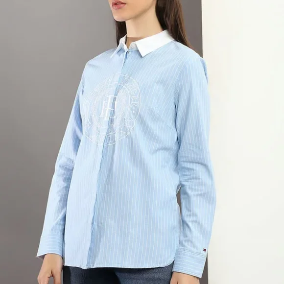 TOMMY HILFIGER Blue Striped Embroidered Logo Cotton Shirt - Picture 3 of 8